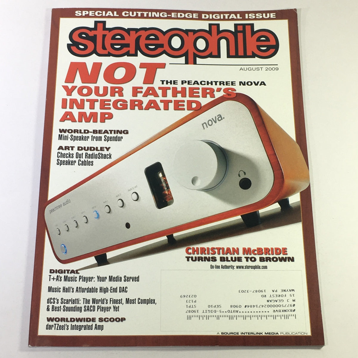 Stereophile Magazine August 2009 cover featuring Peachtree Nova AMP, with the title 'Not Your Father's Integrated Amp', showcasing product reviews and audio insights.