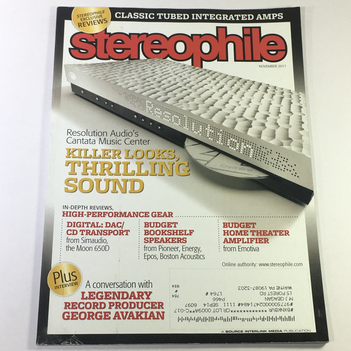 Cover of Stereophile Magazine November 2011 featuring Simaudio Moon 650D Digital CD Transport and highlighting audio equipment reviews and features.