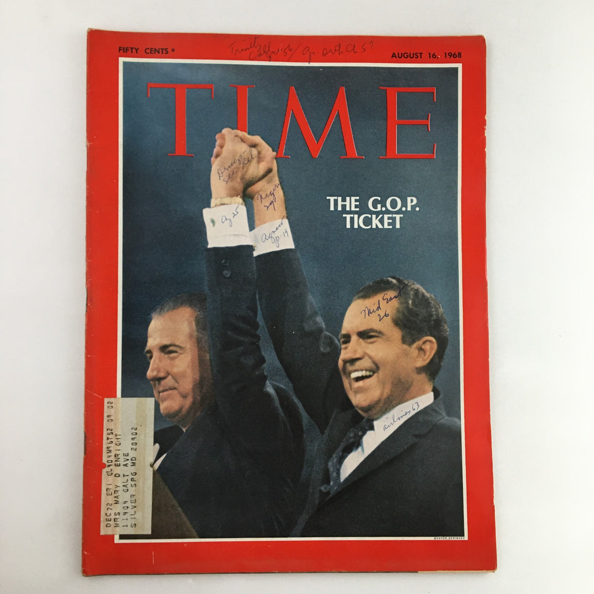 Time Magazine August 16 1968 cover featuring Spiro Agnew and Richard Nixon celebrating as the Republican nominees for the presidential election.