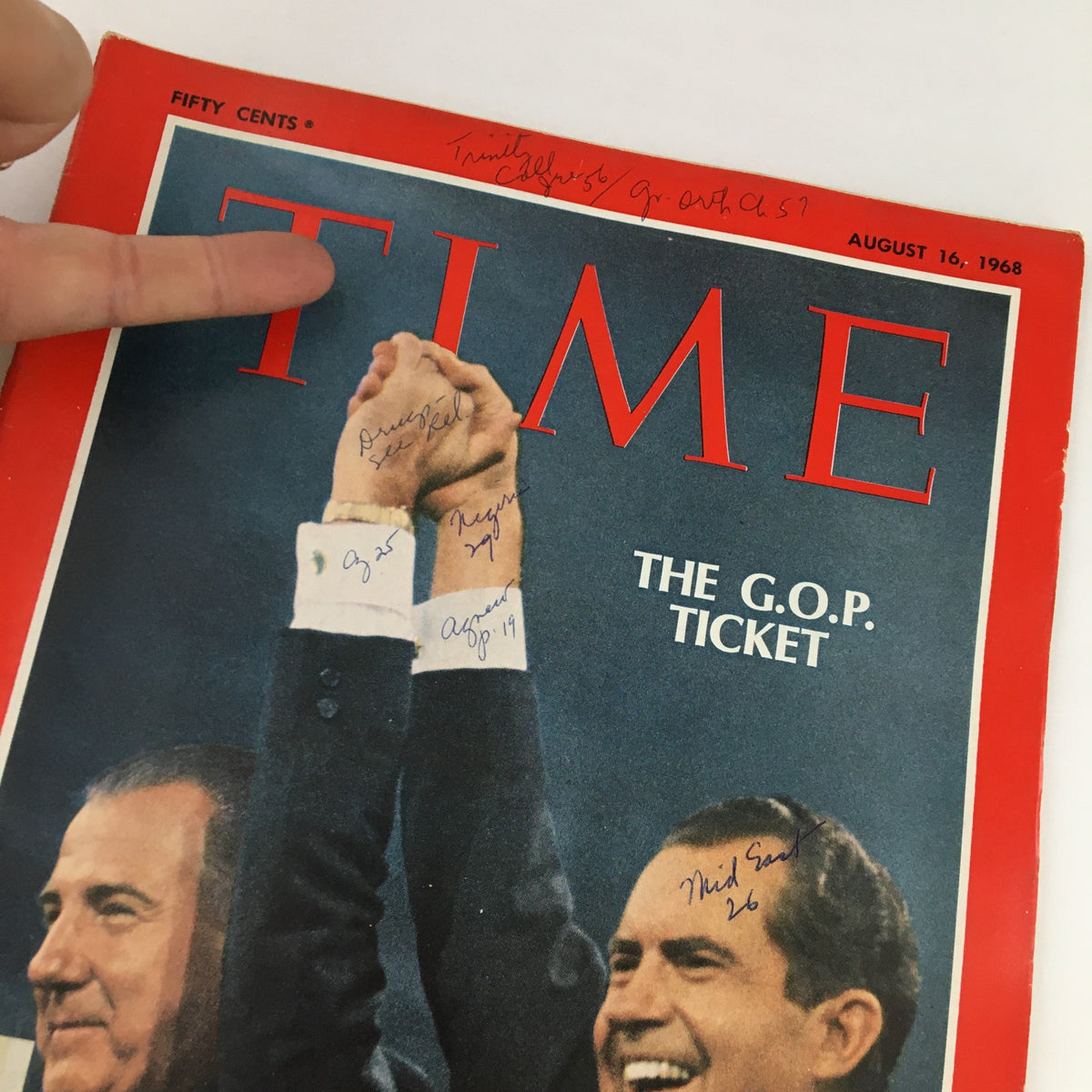 Close-up of Time Magazine August 16 1968 cover, highlighting Spiro Agnew and Richard Nixon with handwritten notes on the front.