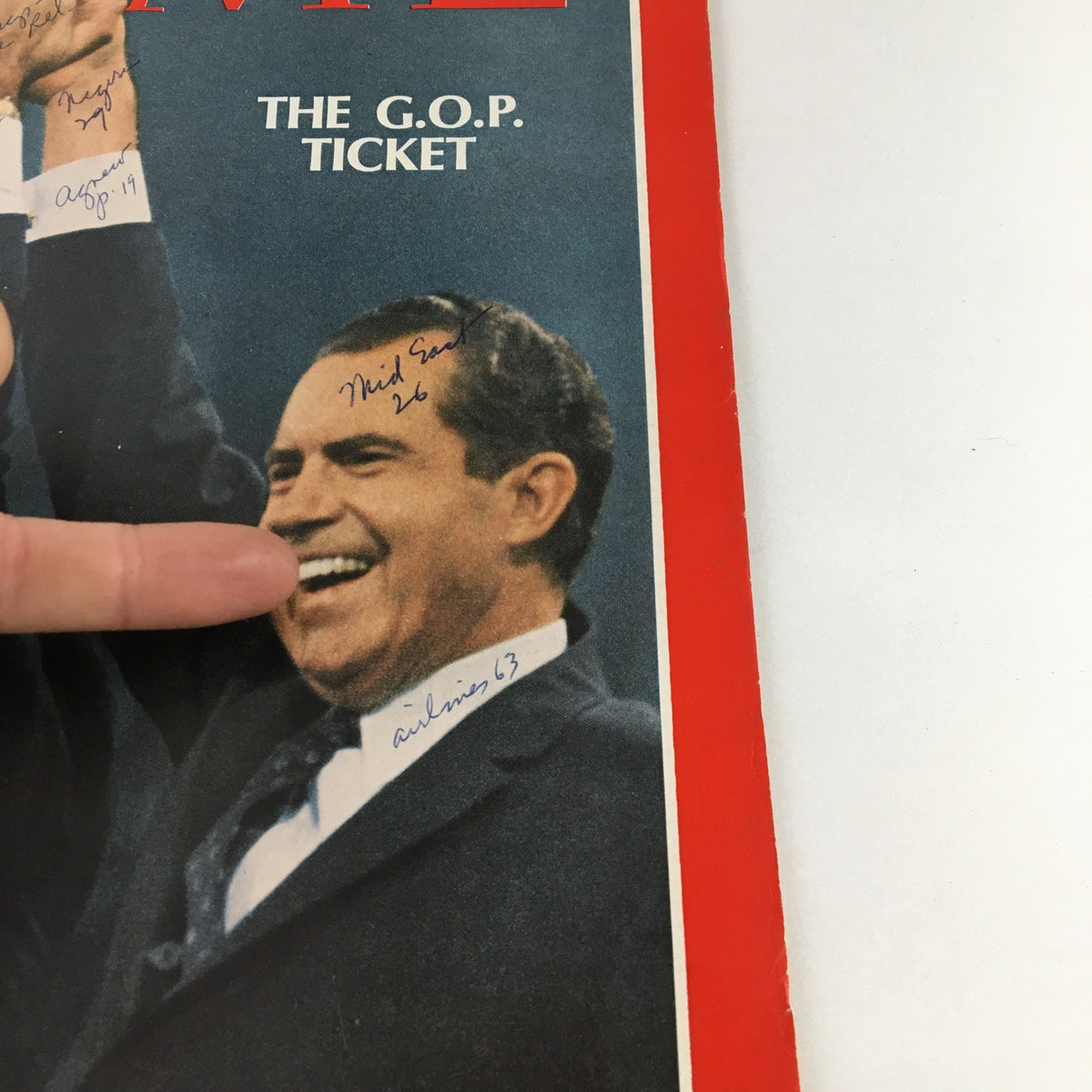 Detailed view of Time Magazine August 16 1968 cover emphasizing Richard Nixon's joyful expression along with Spiro Agnew's raised hand.