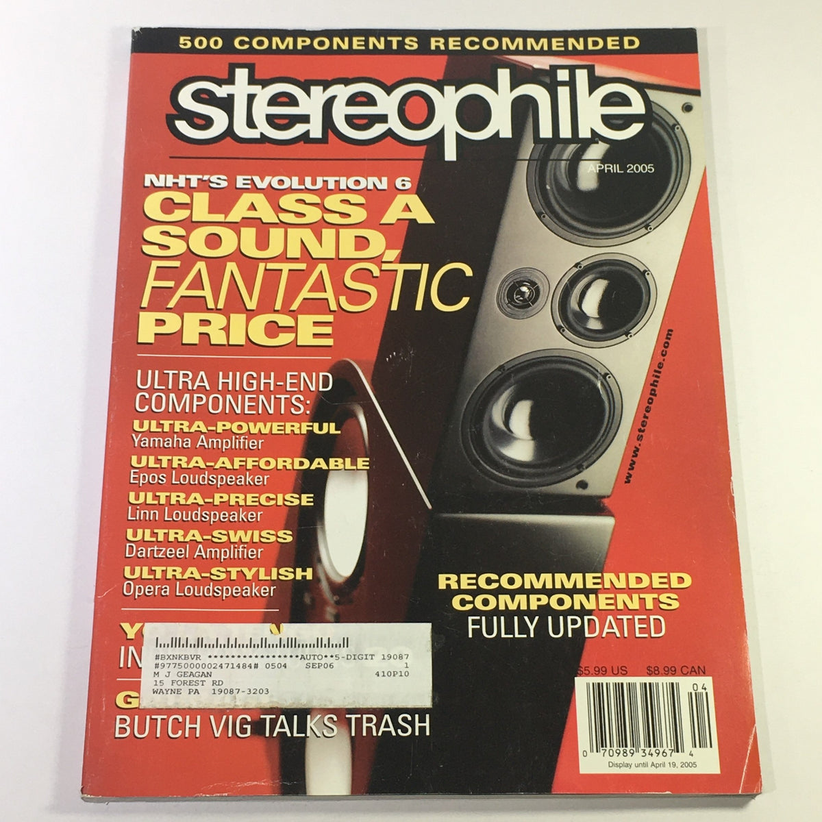 Stereophile Magazine April 2005 cover showcasing NHT Evolution 6 speaker and Butch Vig article, featuring bold typography and audio equipment images.