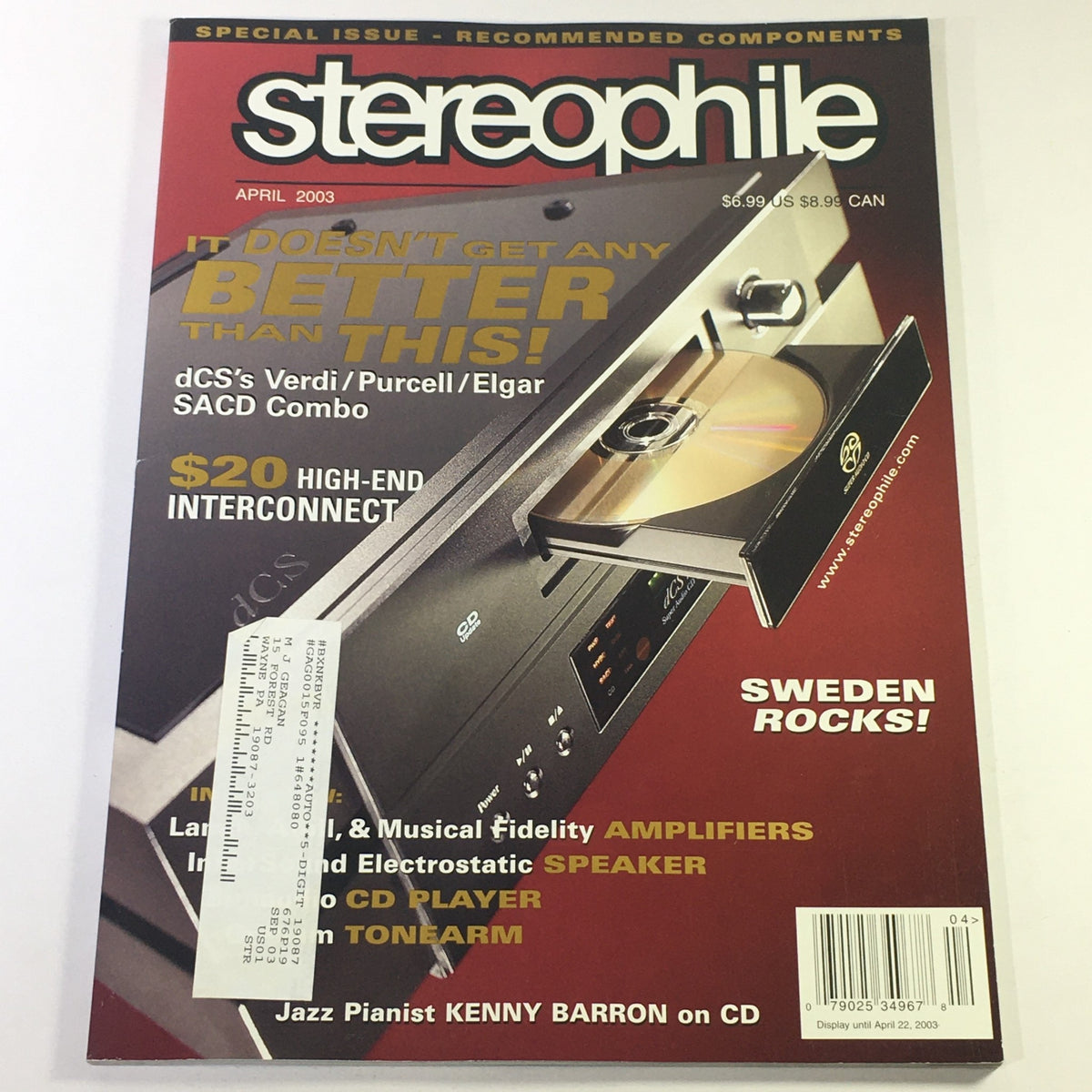 Cover of Stereophile Magazine April 2003 featuring a headline about dCS's Verdi and Purcell audio technologies, and a feature on jazz pianist Kenny Barron.