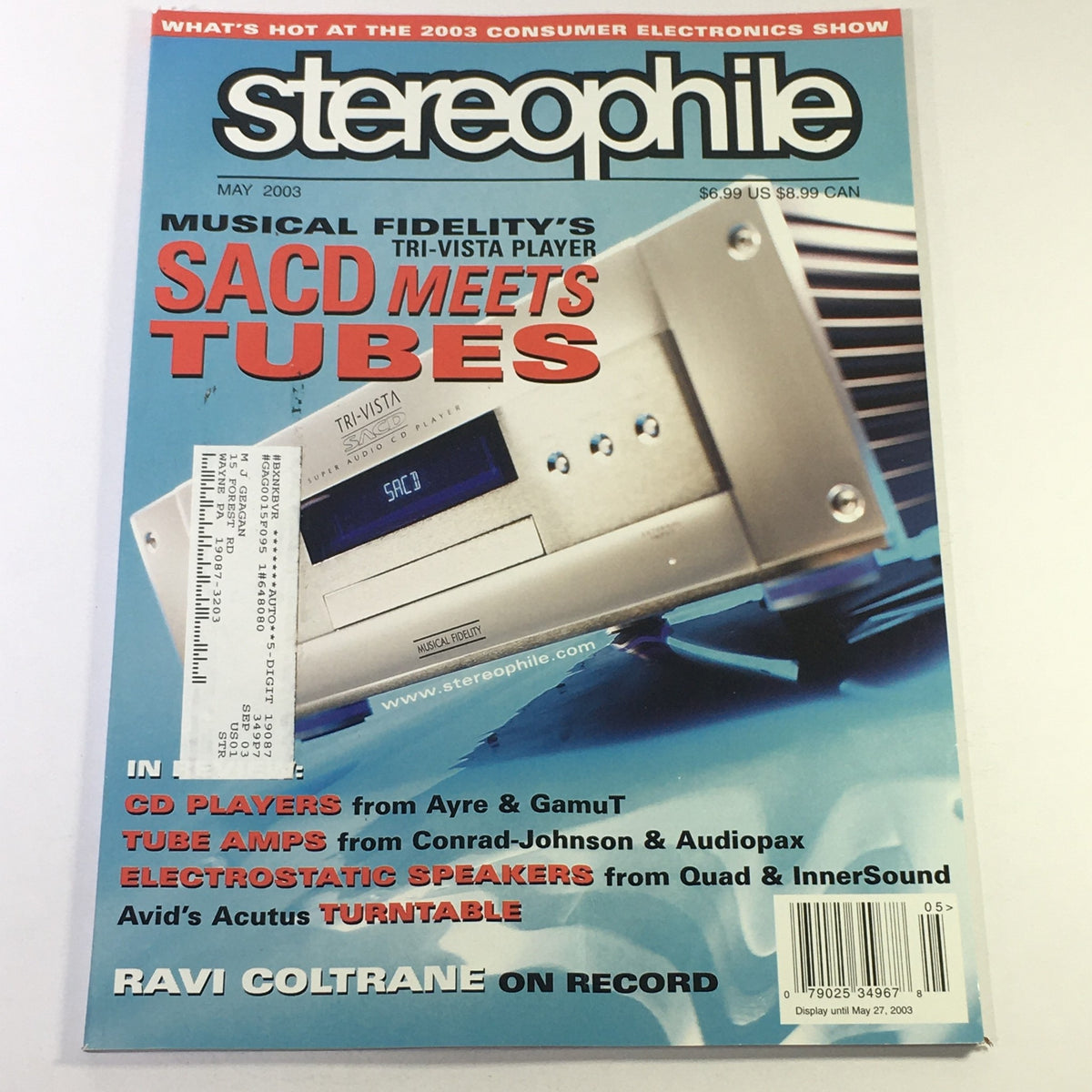 Cover of Stereophile Magazine May 2003 featuring the Tri-Vista Player SACD, with highlights on Ayre and GamuT CD players, showcasing high-end audio technology.