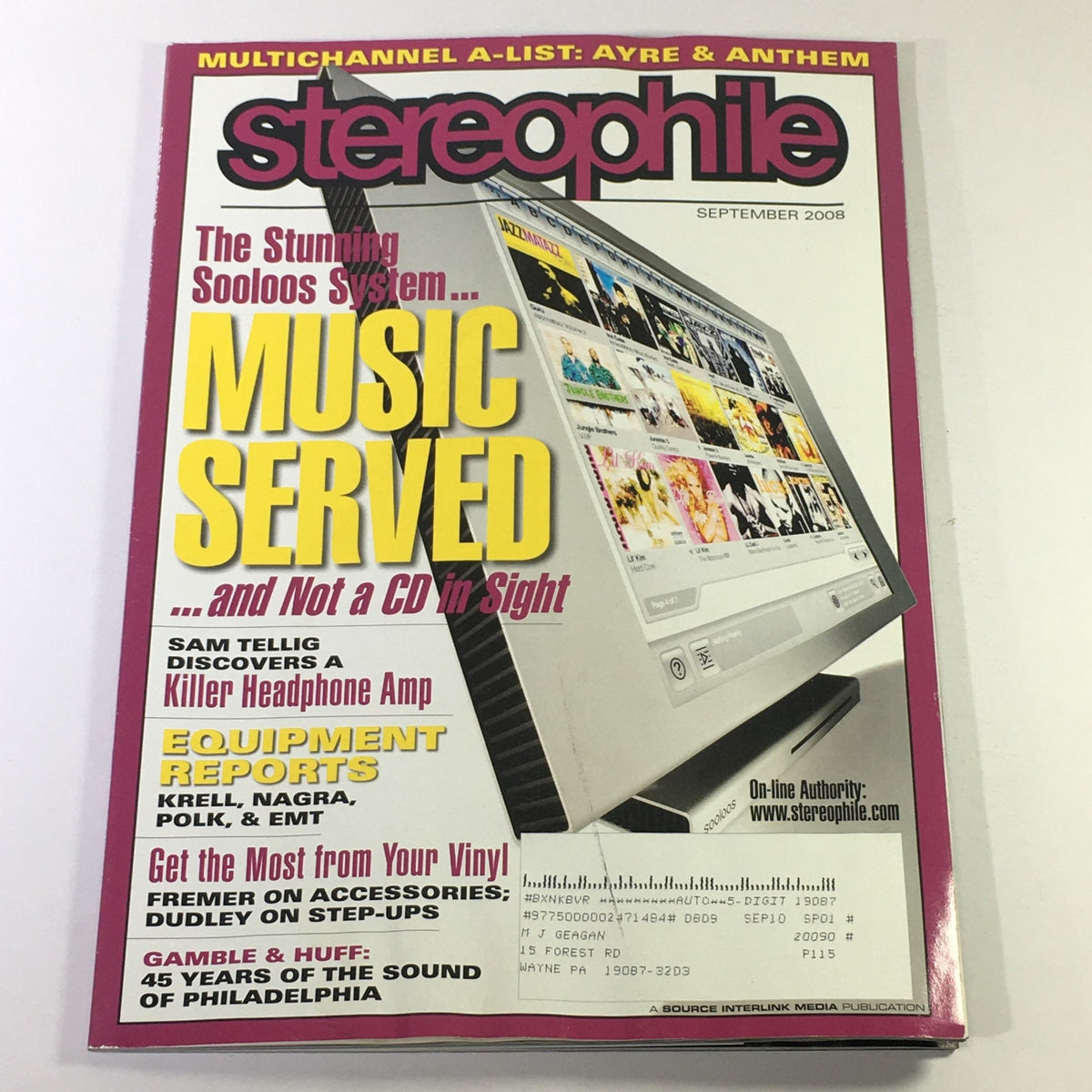 Cover of Stereophile Magazine September 2008 featuring the title 'Sam Tellig Discovers Killer Headphone Amp' with a stunning Sooloos System and notable music-related articles.