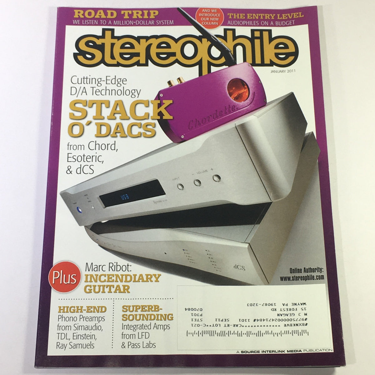 Cover of Stereophile Magazine January 2011 featuring Stack O'Dacs from Chord, Esoteric, and dCS, highlighting cutting-edge D/A technology.