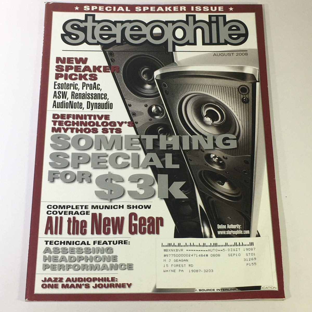 Cover of Stereophile Magazine August 2008 featuring reviews and articles on Esoteric, ProAc, ASW, and Renaissance speakers, showcasing high-end audio equipment.