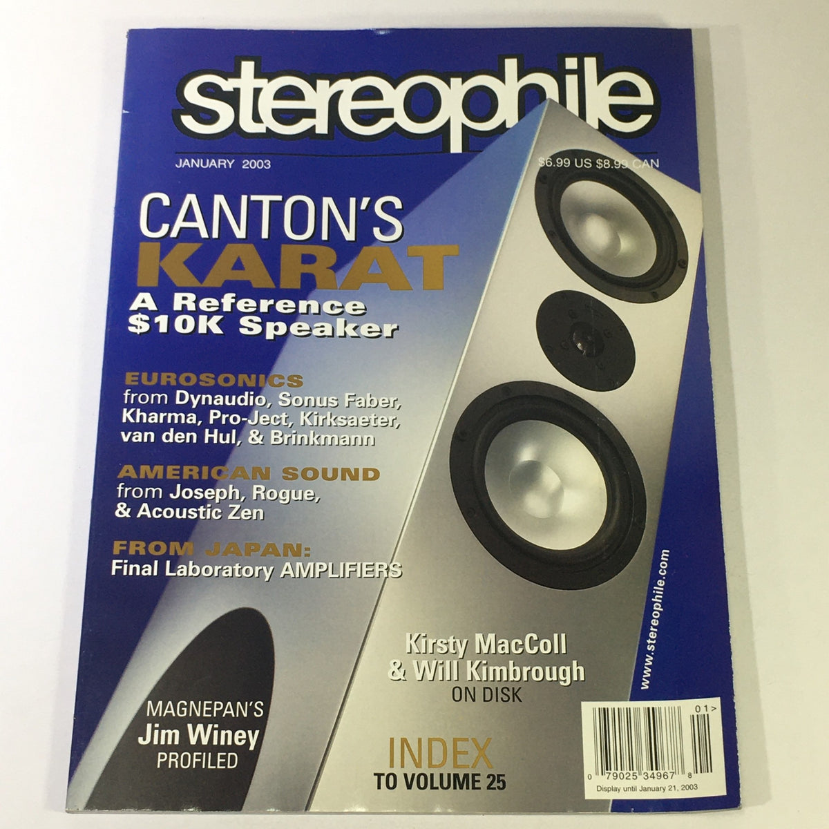 Cover of Stereophile Magazine January 2003 featuring articles on American Sound, Joseph Audio, Rogue Audio, and Acoustic Zen, showcasing a reference $10K speaker from Canton.