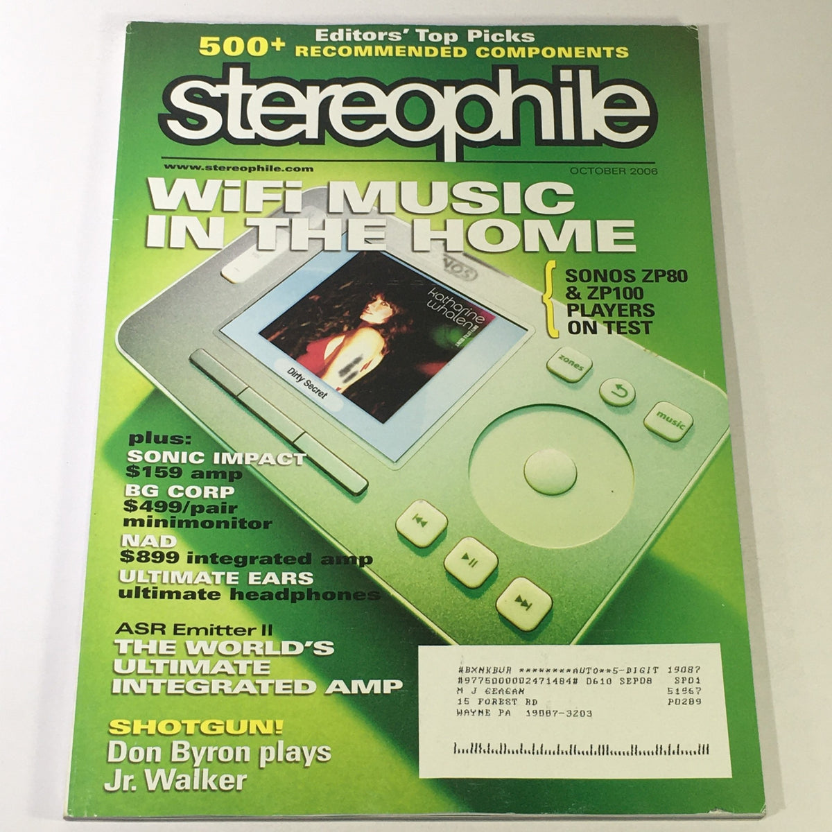 Cover of Stereophile Magazine, October 2006, featuring Don Byron Plays Jr. Walker and a feature on Sonos ZP80 Test, showcasing WiFi music technology.