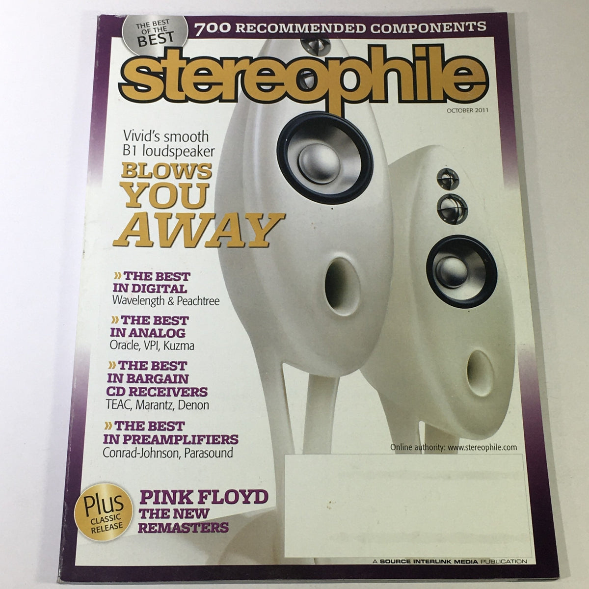 Cover of Stereophile Magazine October 2011 featuring Pink Floyd Remasters and TEAC CD Receivers, showcasing the magazine's design, articles, and audio product highlights.
