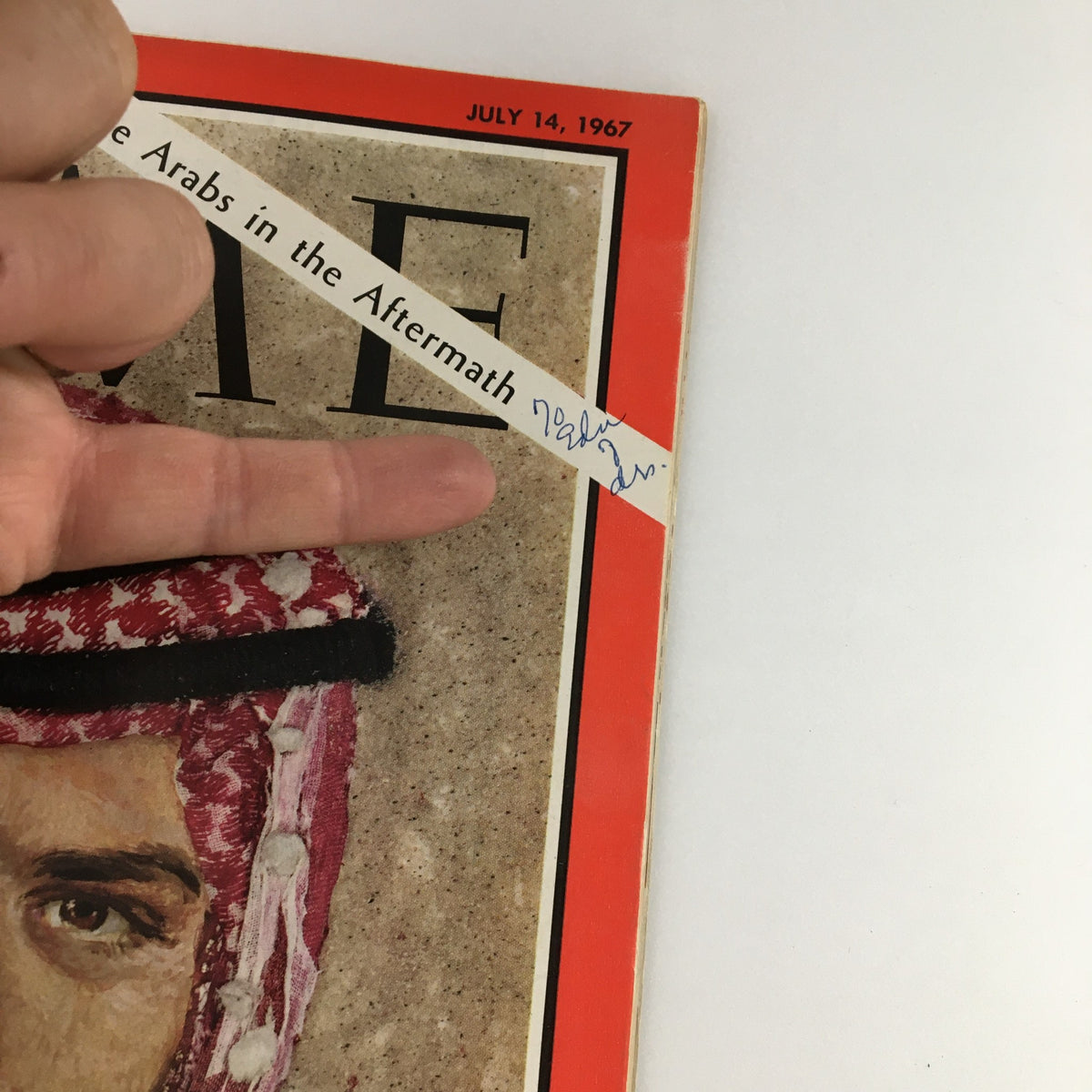 Detailed view of the Time Magazine cover from July 14, 1967, showing King Hussein of Jordan and an ink signature on the top, Vol. 90 No. 2.