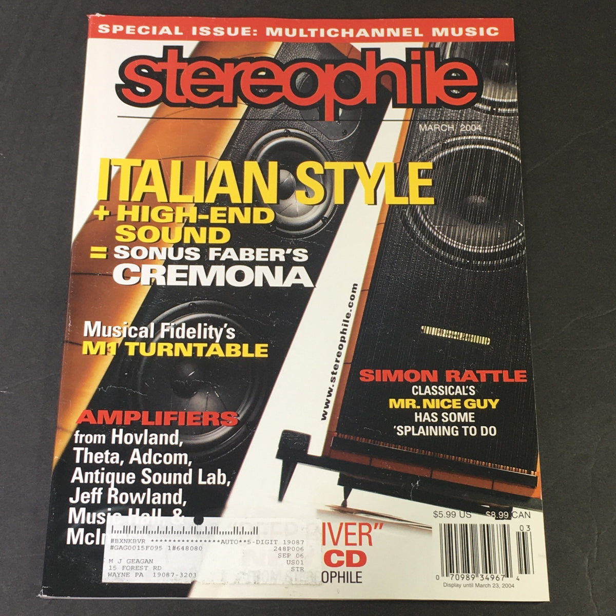 Cover of Stereophile Magazine March 2004 featuring the M1 Turntable and a profile on Simon Rattle, highlighting Italian style and high-end audio features.