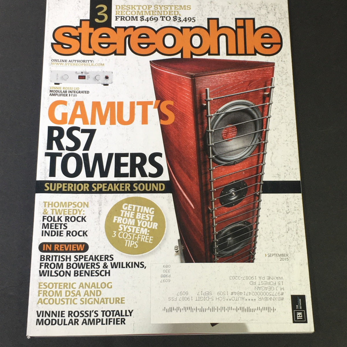 Cover of Stereophile Magazine September 2015 featuring the Gamut RS7 Tower Speaker with the headline 'Gamut's RS7 Towers - Superior Speaker Sound'.