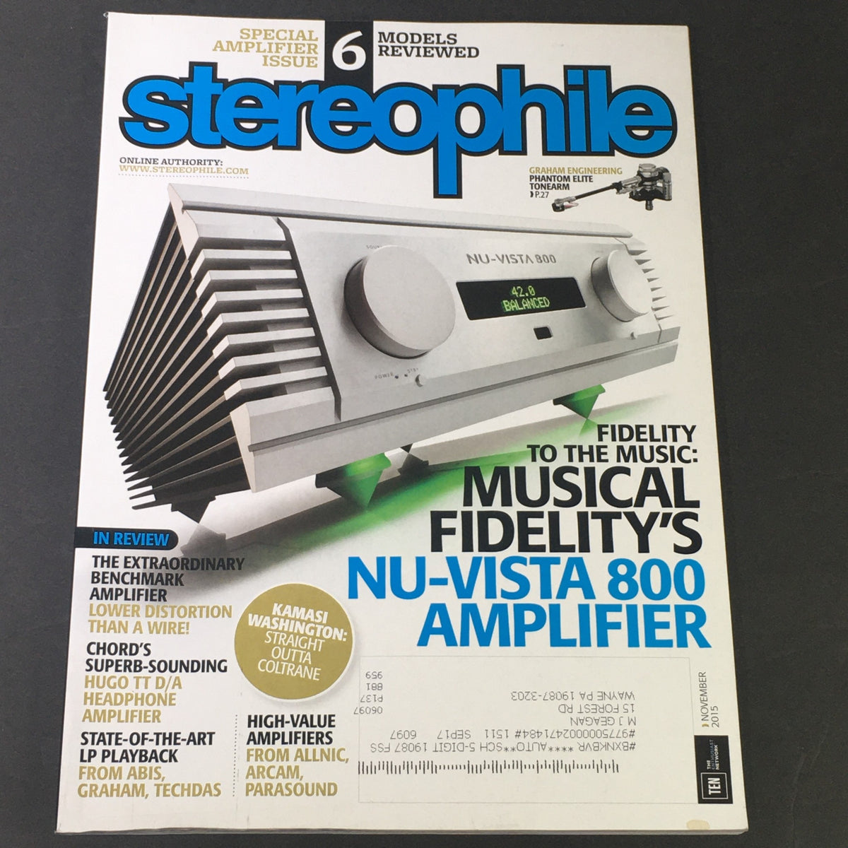 Cover of Stereophile Magazine November 2015 featuring the Musical Fidelity NU-Vista 800 Amplifier, showcasing audio technology advancements and a review of high-fidelity equipment.