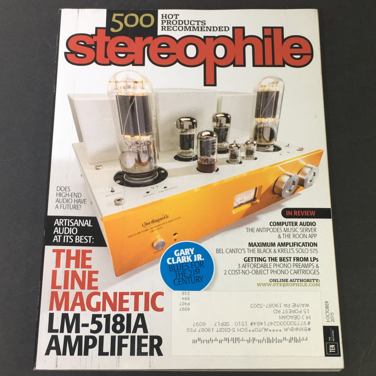 Cover of Stereophile Magazine October 2015 featuring the Line Magnetic LM-518A Amplifier and musician Gary Clark Jr. This issue includes reviews and insights into high-fidelity audio and modern music.