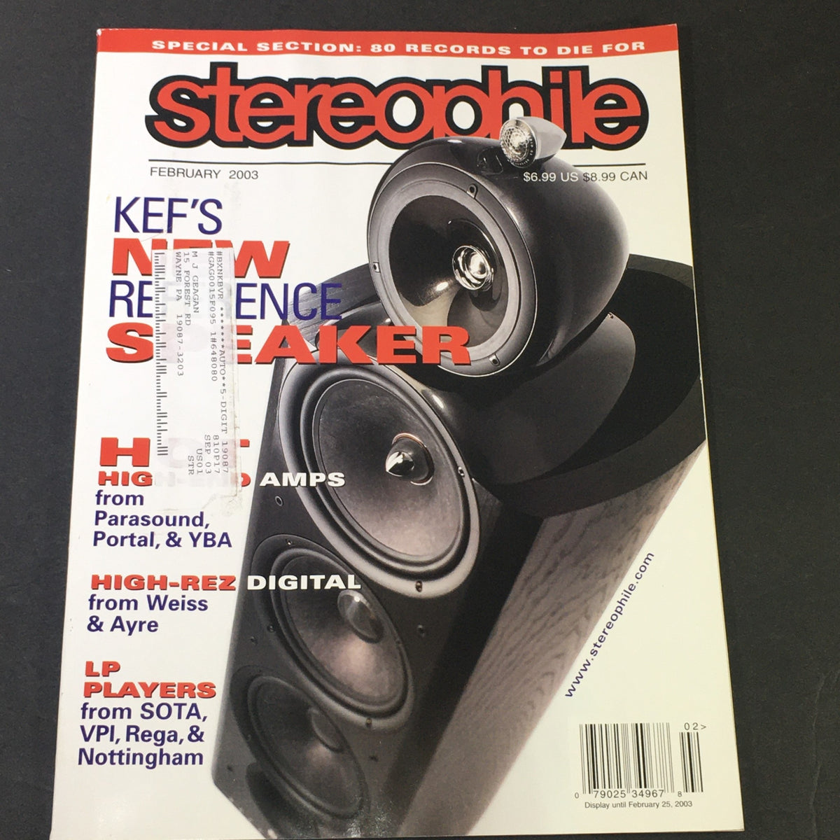 Cover of Stereophile Magazine February 2003 featuring high-rez digital audio insights from Weiss & Ayre. The issue includes details on KEF's new reference speaker and highlights for audiophiles.