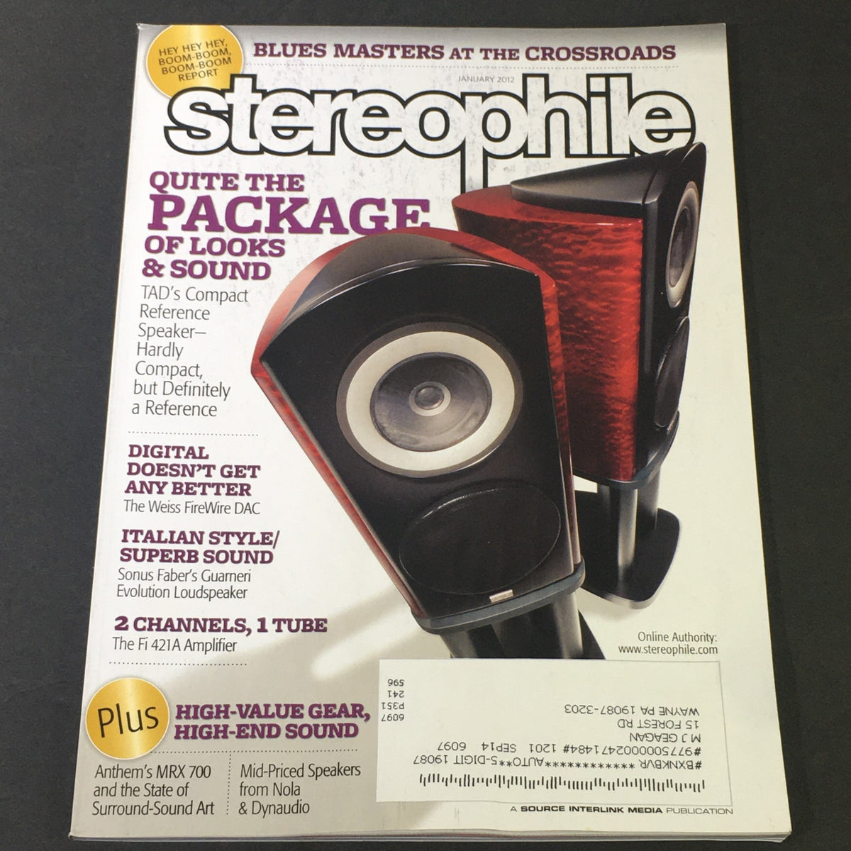 Cover of Stereophile Magazine January 2012 featuring review on Fi 421A Amplifier and Sonus Faber Guarneri Speakers, highlighting audio technology and vintage magazine collectibility.