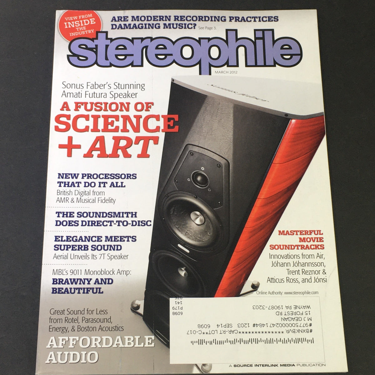 Cover of Stereophile Magazine March 2012 featuring Sonus Faber's Amati Futura Speaker and Rotel Audio, showcasing the fusion of science and art in high-end audio design.
