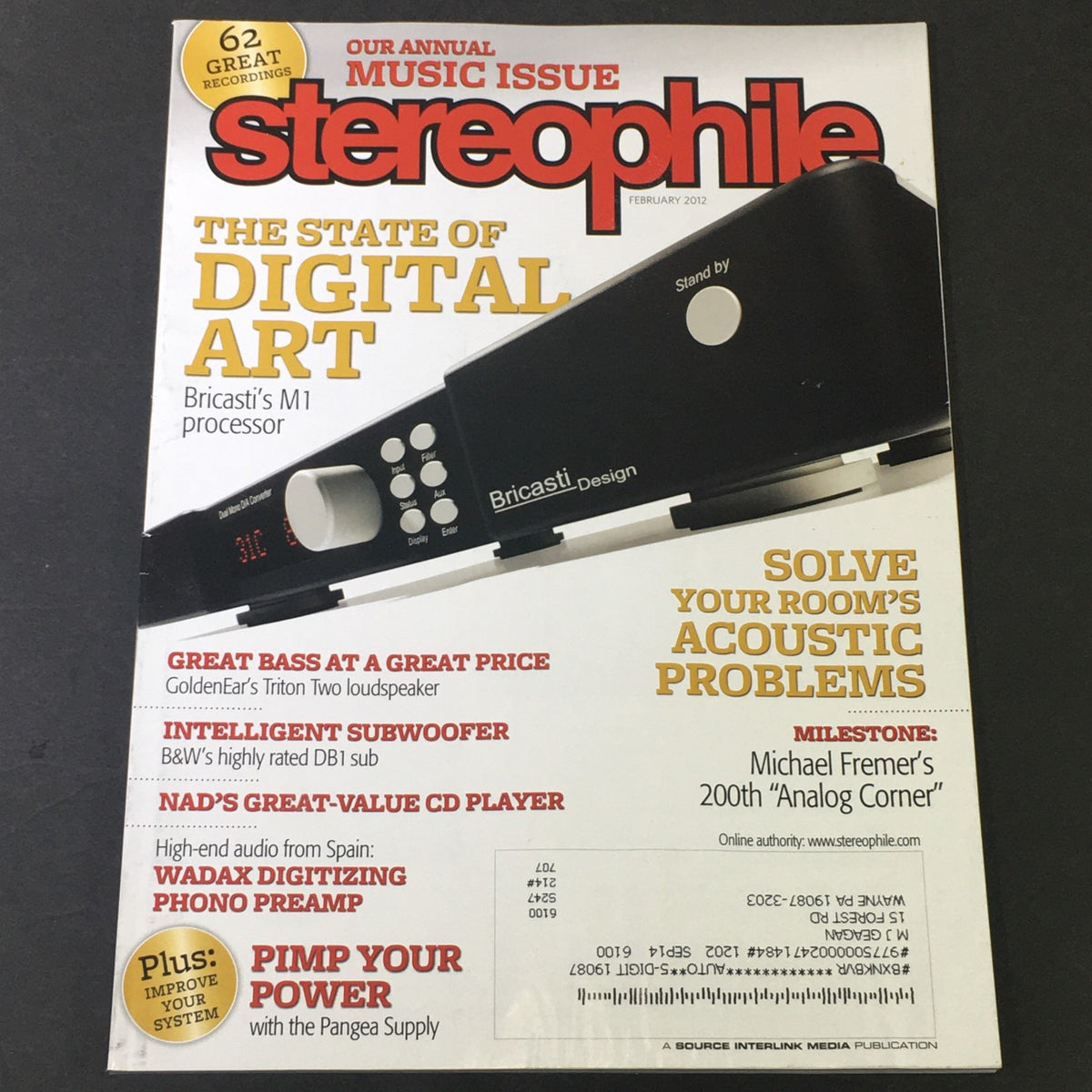 Cover of Stereophile Magazine February 2012 featuring a review of the Bricasti M1 Processor and B&W High Db1 Subwoofer, discussing audio technology and digital art.