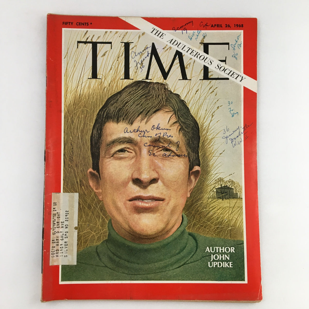 Time Magazine April 26 1968 Vol. 91 No. 17 featuring novelist John Updike on the cover, showcasing the title 'The Adulterous Society' with noticeable handwritten notes and an address label.