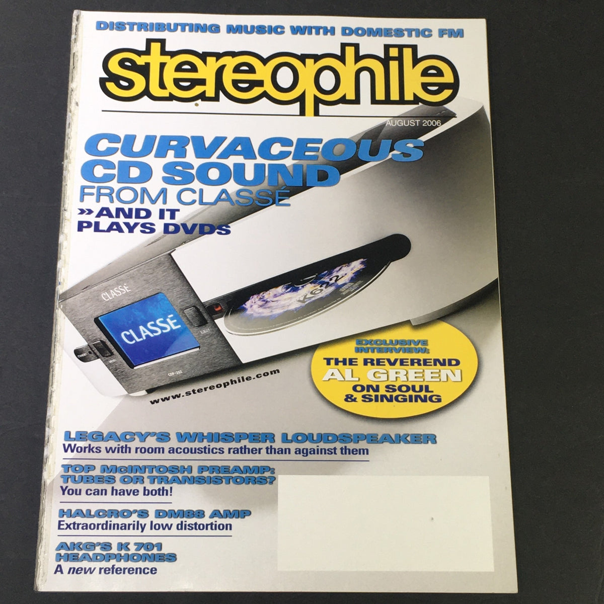 Cover of Stereophile Magazine August 2006 featuring 'Curvaceous CD Sound' article, an interview with Reverend Al Green, and audio product highlights.