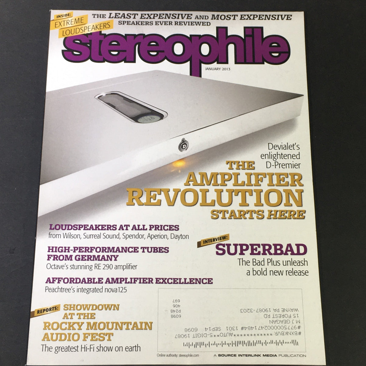 Cover of Stereophile Magazine January 2013 featuring the title, The Amplifier Revolution Starts Here, highlighting the Devialet D-Premier Amp and Octave RE 290 Amp, showcasing advancements in audio technology.