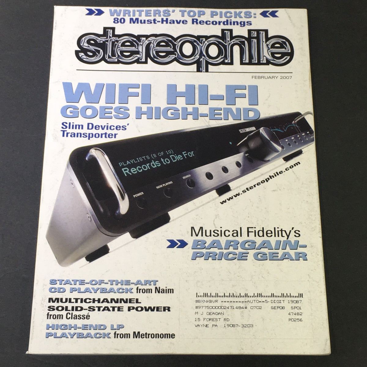 Cover of Stereophile Magazine February 2007 featuring articles on high-end audio, including Naim CD playback, Classe solid-state power amplifiers, and WiFi high-fidelity innovations.