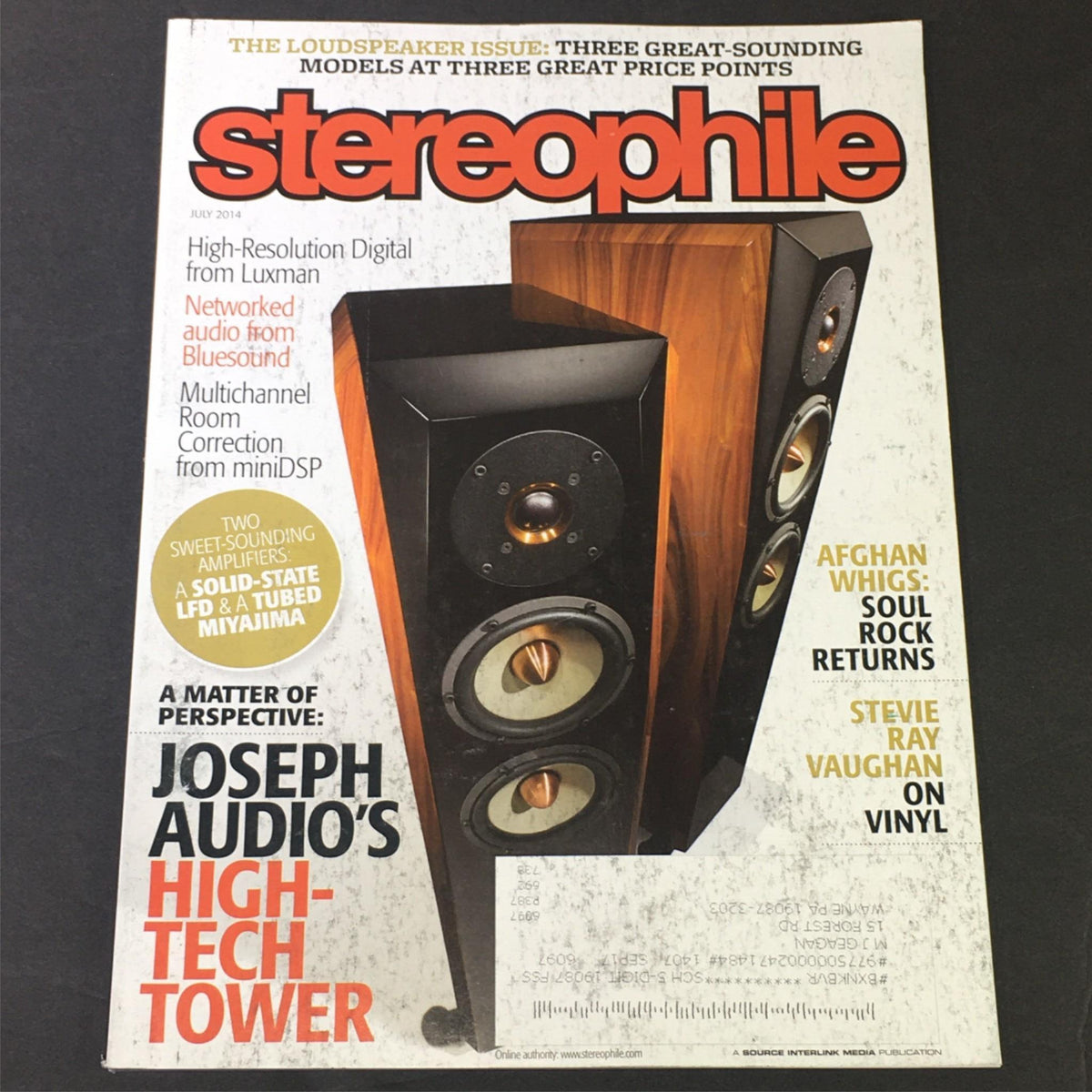 Cover of Stereophile Magazine July 2014 featuring an in-depth review of Joseph Audio Power speakers and a tribute to Stevie Ray Vaughan. Highlighting high-fidelity audio technology and rock music culture.