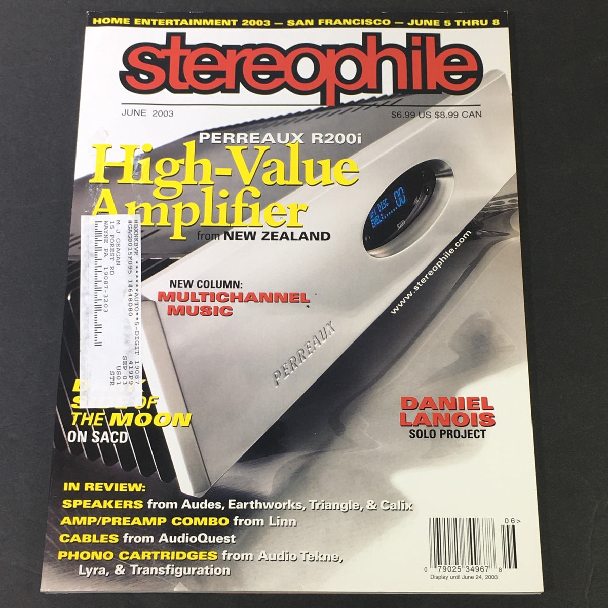 Stereophile Magazine June 2003 cover featuring the Perreaux R200i Amplifier and the Daniel Lanois Solo Project, highlighting audio reviews and music insights.