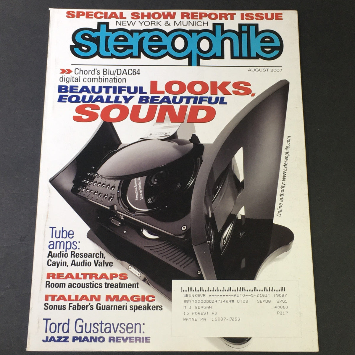 Cover of Stereophile Magazine August 2007 featuring Chord's Blu DAC64 Digital and highlights on Tord Gustavsen, showcasing high-fidelity audio and music culture.
