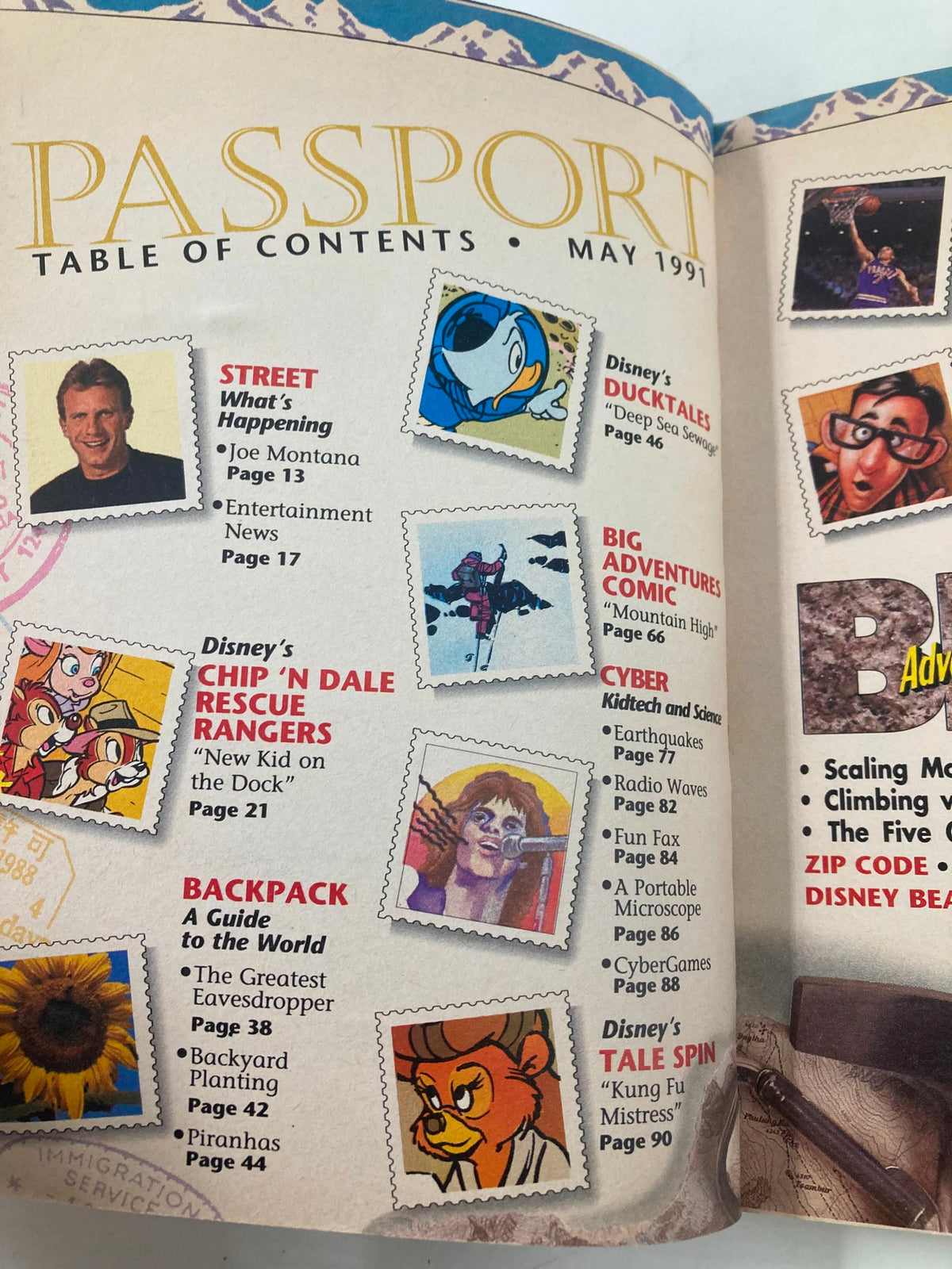 Inside page of Disney Adventures Magazine May 1991 showing the table of contents, with sections featuring Joe Montana, Disney characters, and various articles related to entertainment and activities.