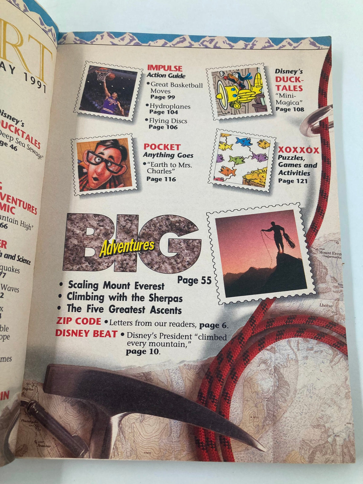 Another inside page of Disney Adventures Magazine May 1991 displaying additional table of contents items, including topics on scaling Mount Everest and Disney games, along with illustrated stamps representing featured articles.