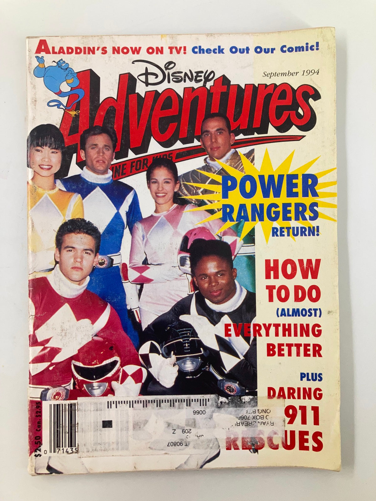 Disney Adventures Magazine September 1994 issue featuring Power Rangers Return and Aladdin on TV. The cover showcases characters in colorful costumes with bold graphics and headlines, perfect for collectors and fans of 90s pop culture.