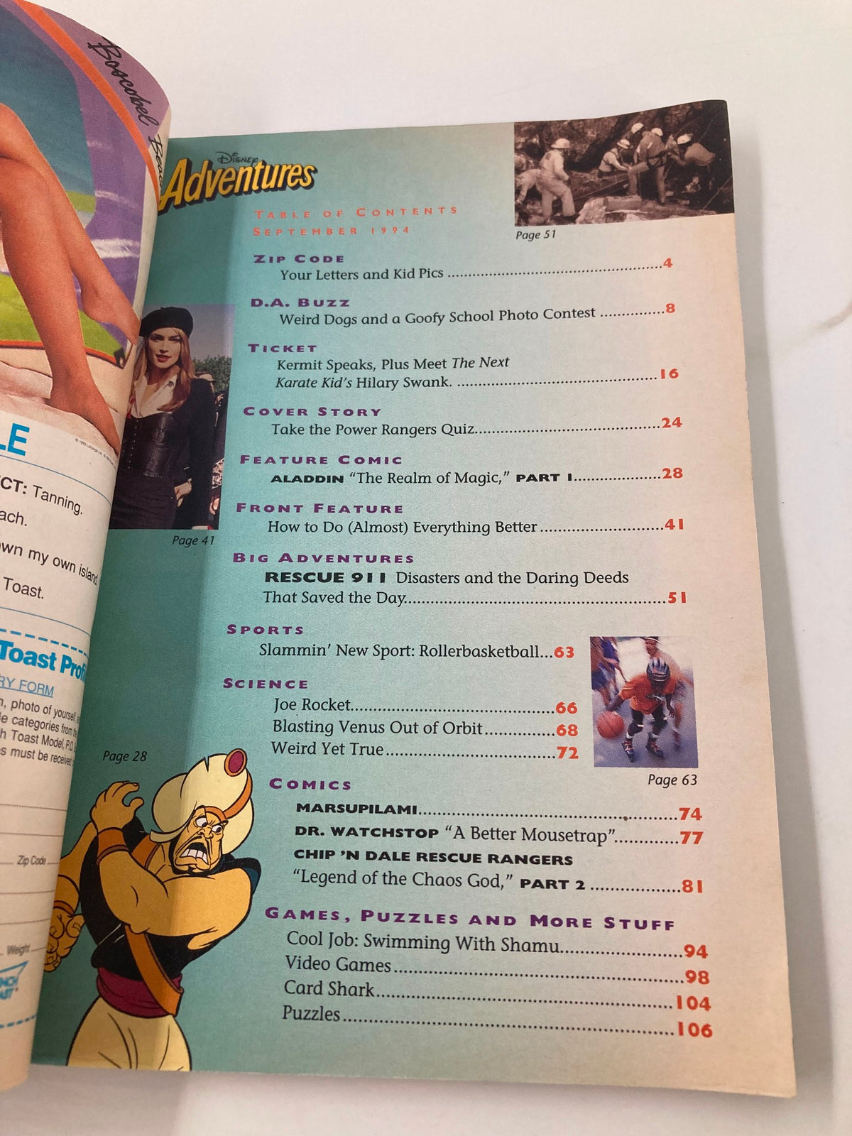 Table of contents from Disney Adventures Magazine September 1994 issue featuring Power Rangers and Aladdin stories, including sections like Zip Code, D.A. Buzz, Cover Story, and comics.