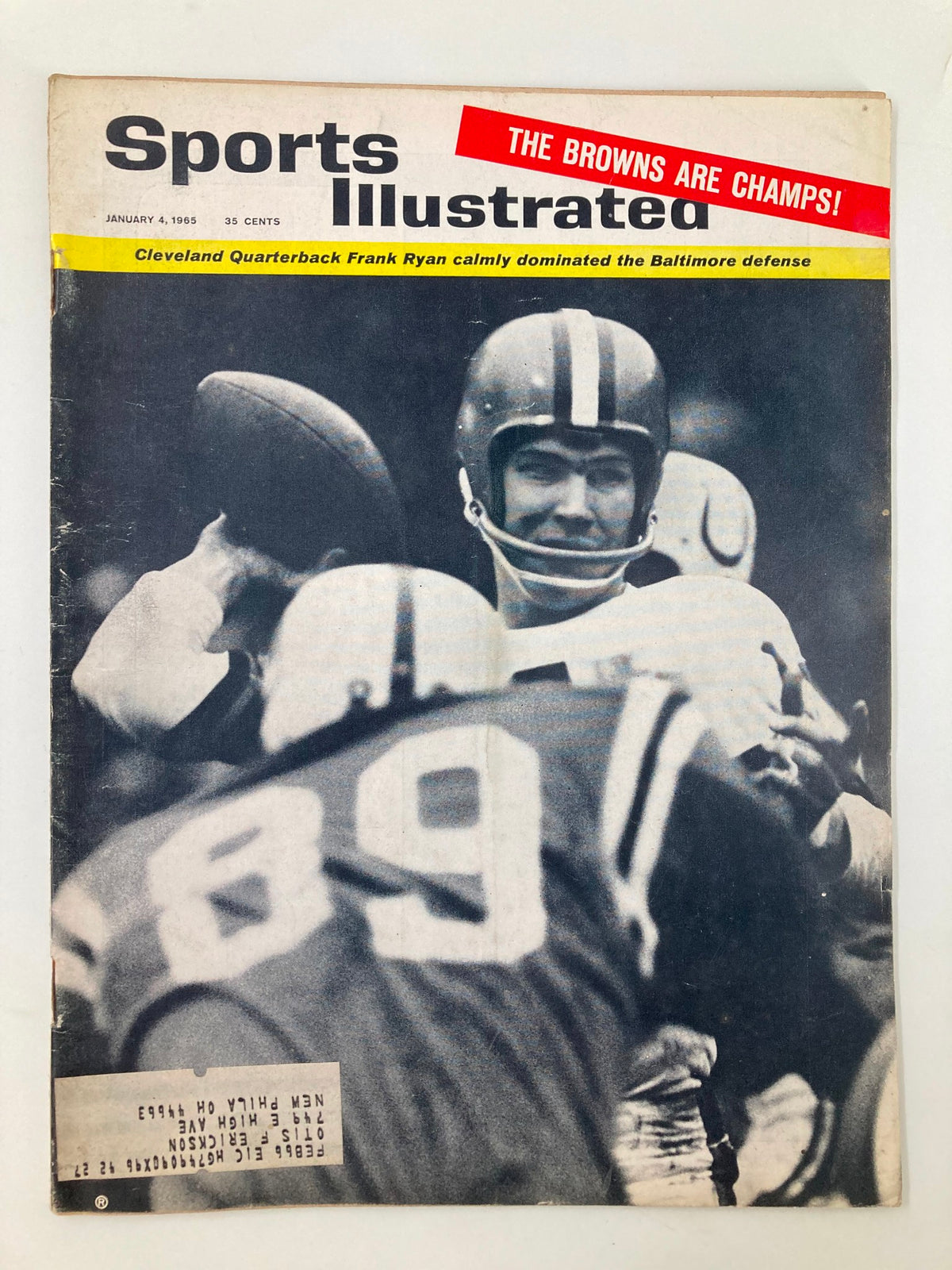 Vintage Sports Illustrated magazine cover featuring Cleveland quarterback Frank Ryan, dated January 4, 1965, highlighting the Cleveland Browns' victory with the caption 'THE BROWNS ARE CHAMPS!'