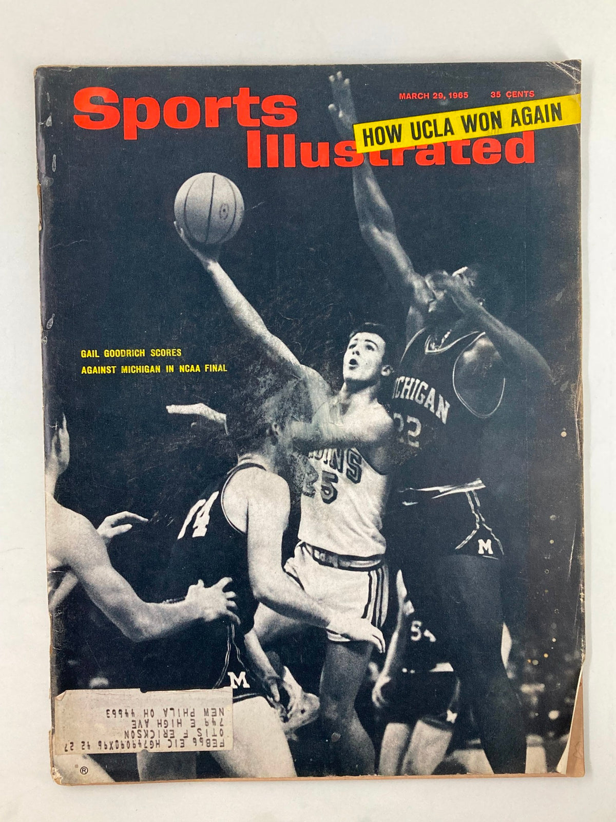 Front cover of the Sports Illustrated magazine from March 29, 1965, featuring the title 'How UCLA Won Again' and the main subject Gail Goodrich scoring against Michigan in the NCAA final.