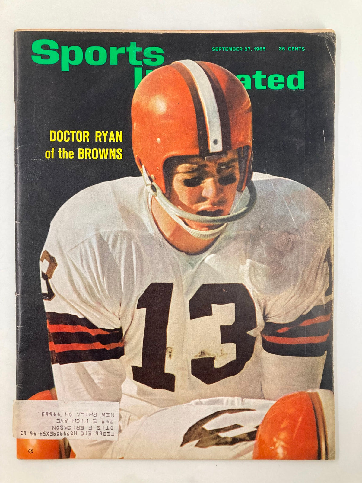 Vintage Sports Illustrated Magazine cover from September 27, 1965, featuring Doctor Ryan of the Cleveland Browns, showcasing the iconic football athlete in a classic football helmet.