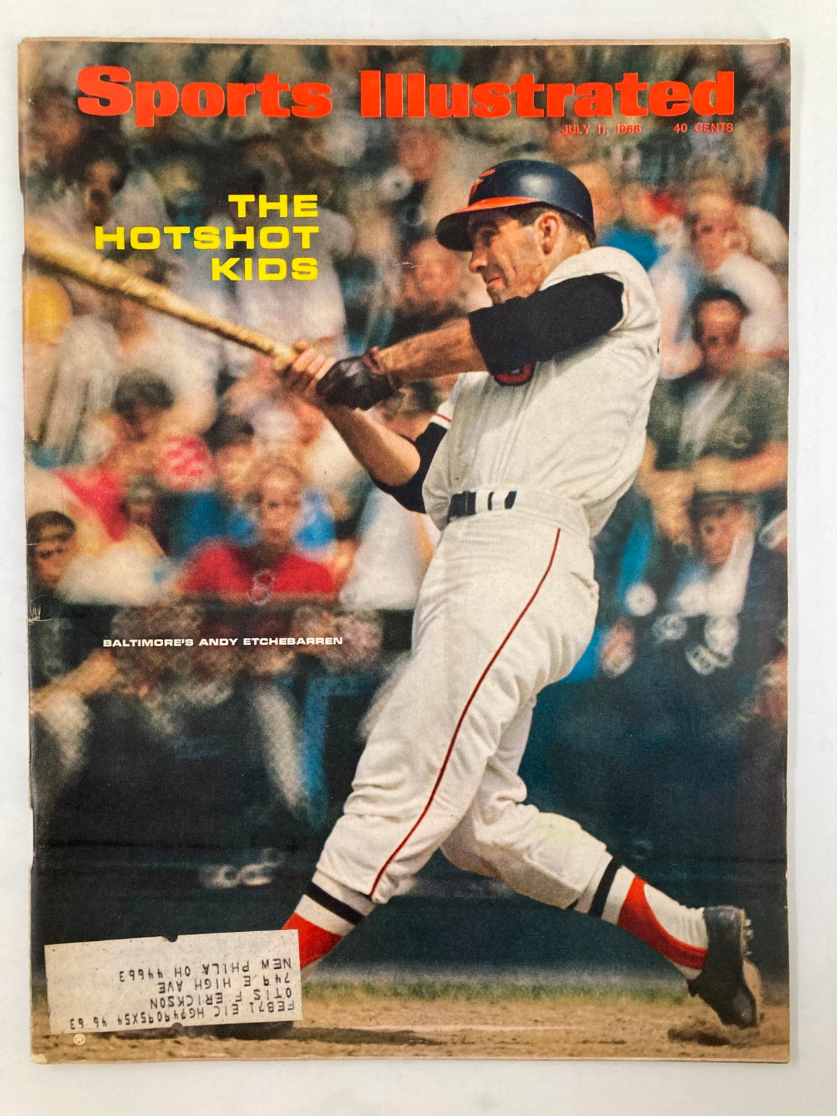 Cover of VTG Sports Illustrated Magazine July 11 1966 featuring Baltimore's Andy Etchebarren in action during a baseball game, showcasing vintage sports memorabilia.