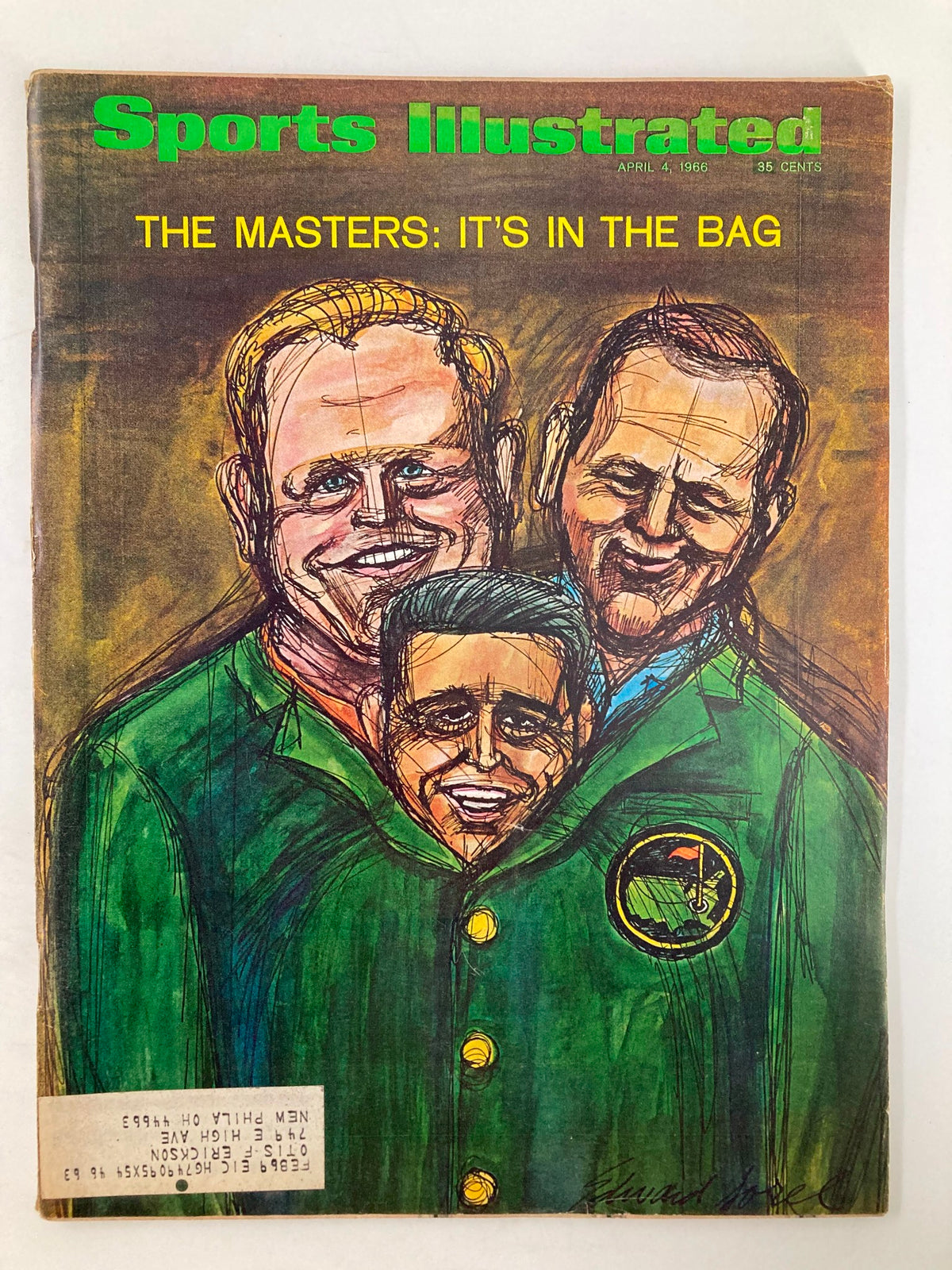 Cover of Sports Illustrated Magazine from April 4, 1966, featuring the headline 'The Masters: It's In The Bag.' The image showcases artistic illustrations of three men in green jackets representing the Masters Tournament, encapsulating the essence of prestigious golf history.