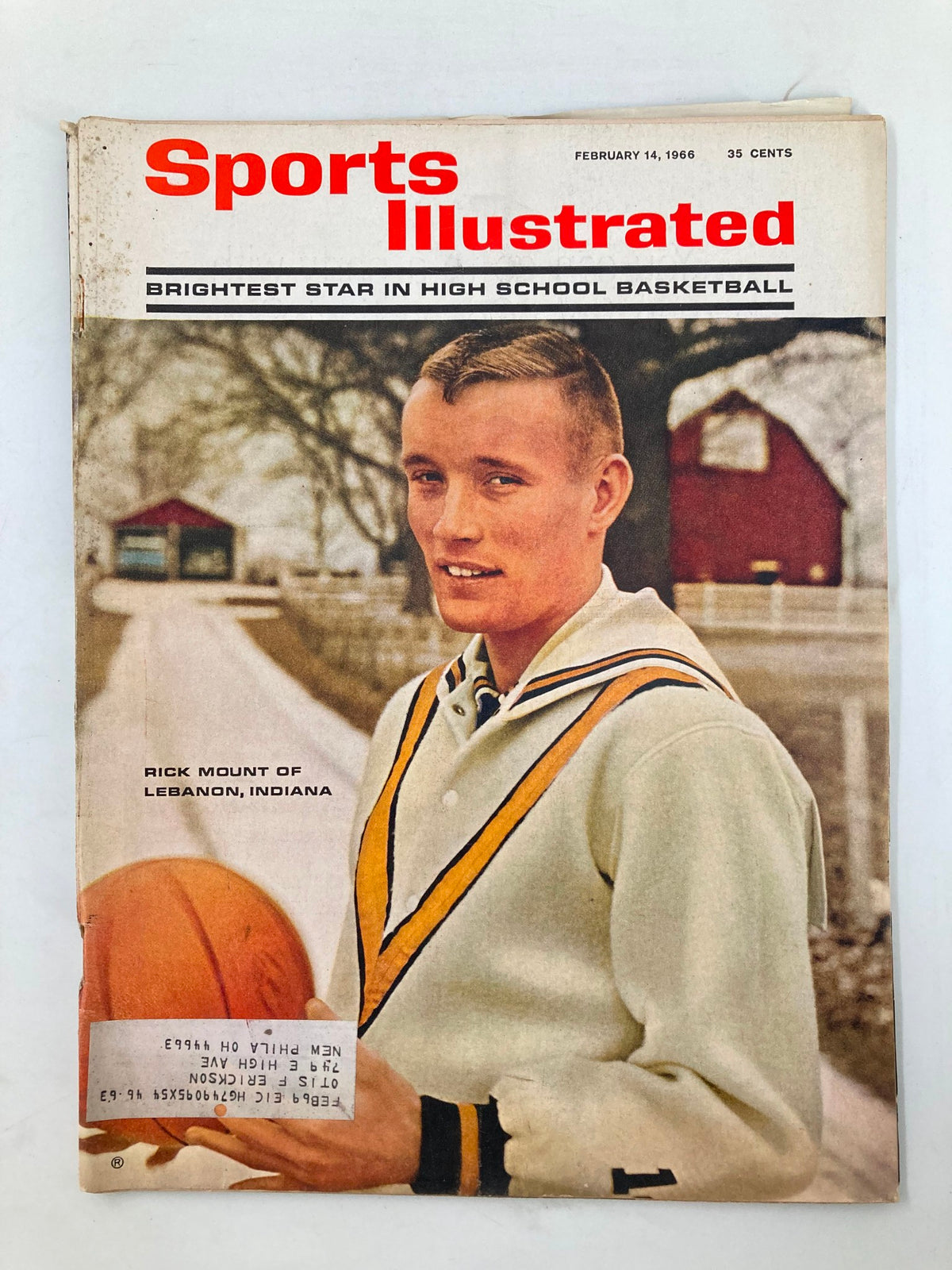 Vintage Sports Illustrated magazine cover from February 14, 1966, featuring Rick Mount of Lebanon, Indiana, showcasing high school basketball with a classic design.