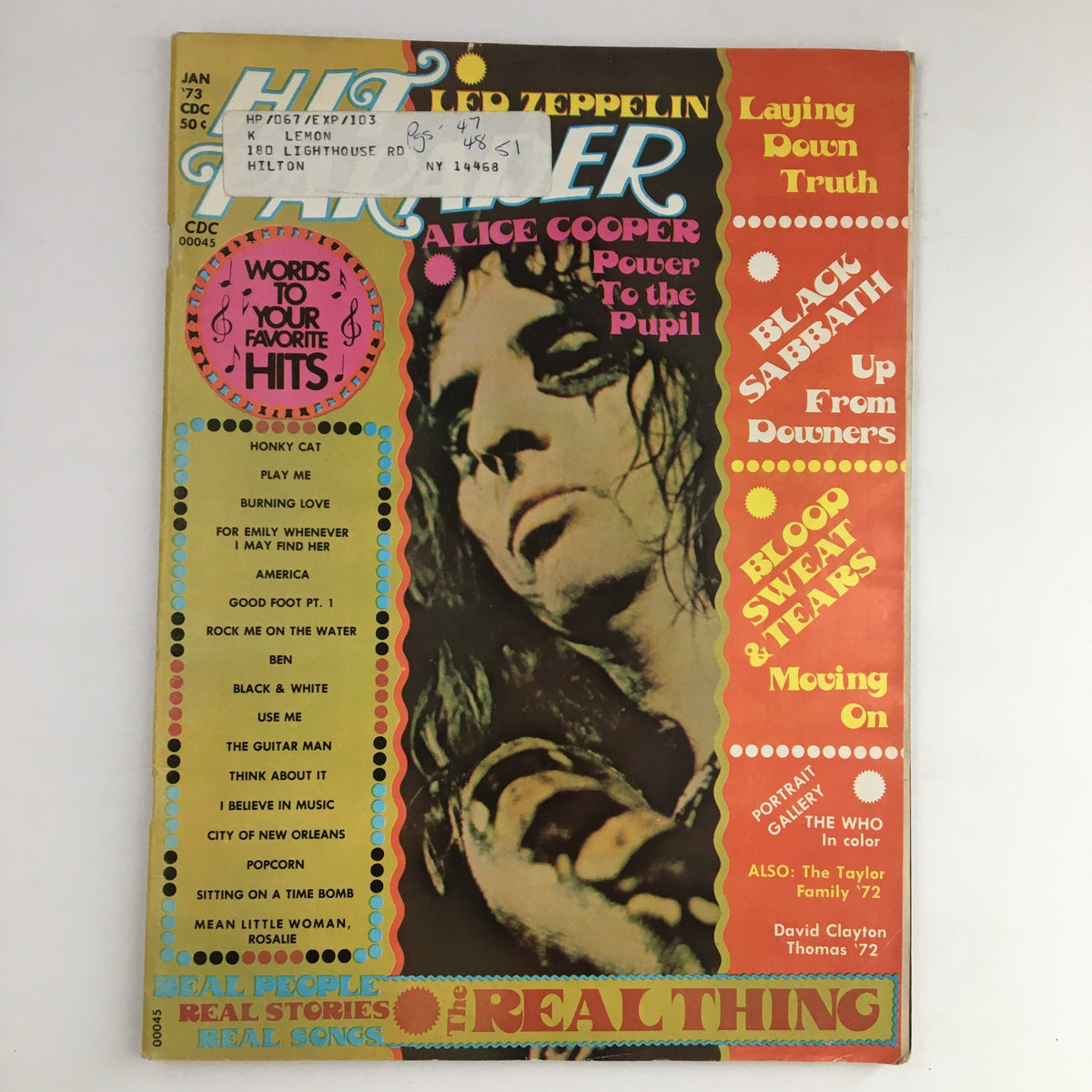 Cover of Hit Parader Magazine from January 1973 featuring Alice Cooper, Led Zeppelin, and Keith Moon, showcasing titles and a vibrant design typical of the rock era.