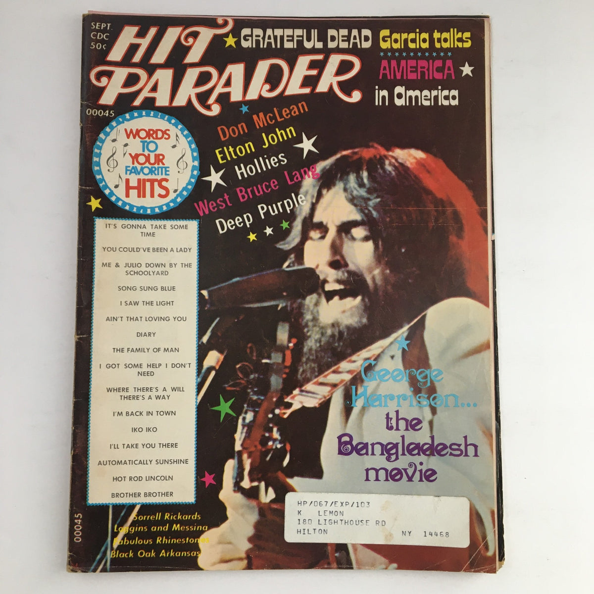Cover of Hit Parader Magazine September 1972 featuring George Harrison, Don McLean, and Bob Dylan, showcasing iconic music and culture from the era.