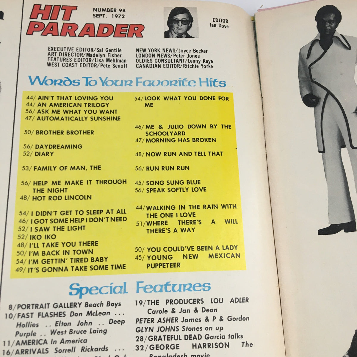 Table of contents from Hit Parader Magazine September 1972 including articles on various music hits and special features highlighting the music scene.