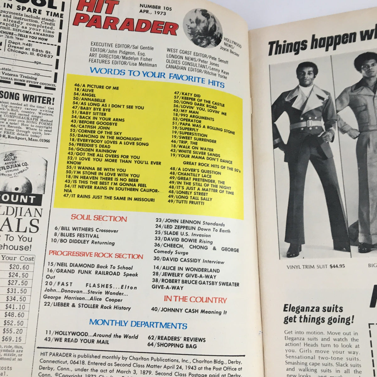 Interior page of Hit Parader Magazine April 1973 showcasing song titles and features, illuminating the music culture of the 1970s.