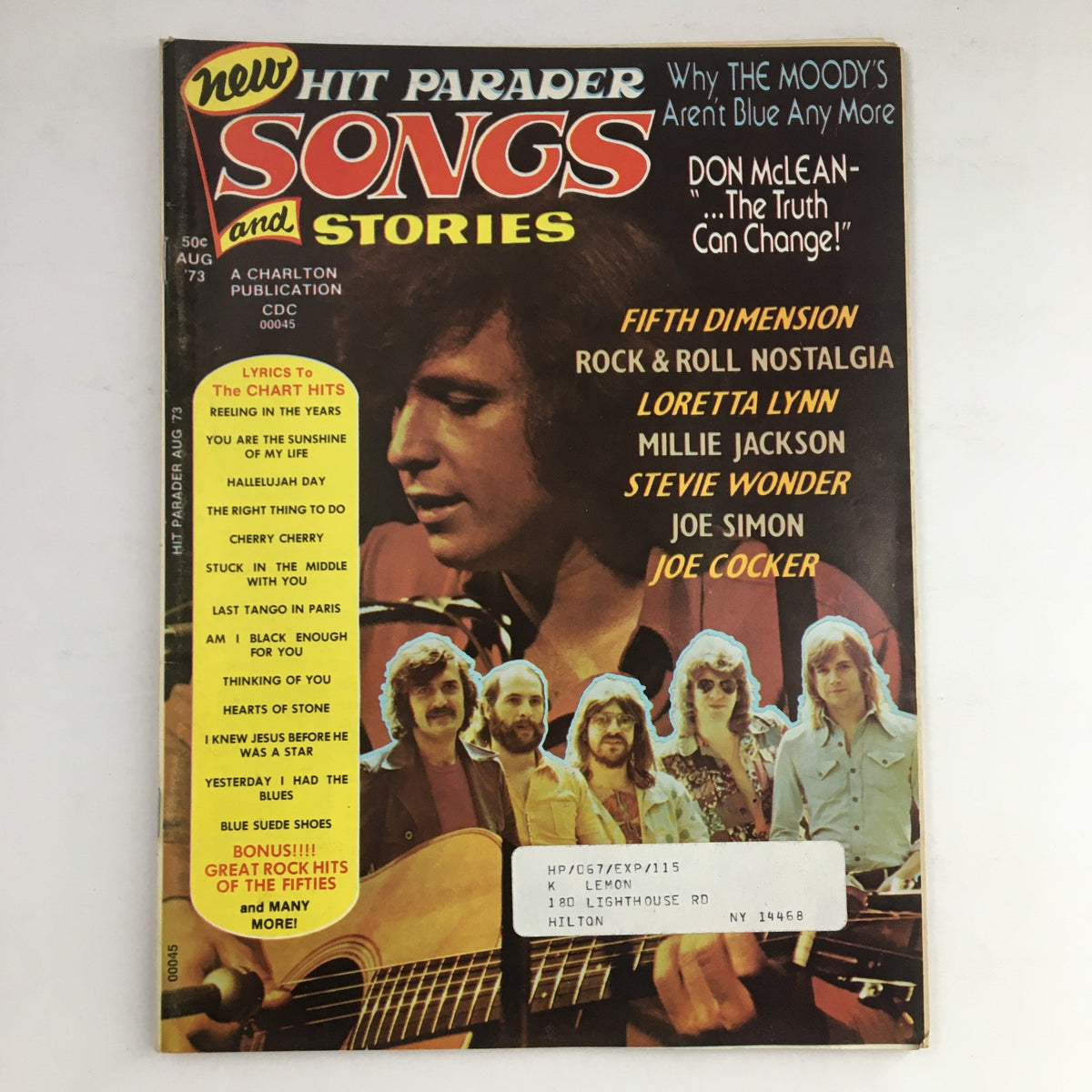 Cover of Hit Parader Songs & Stories August 1973 featuring Don McLean and Loretta Lynn, showcasing popular music hits and artists from the era.