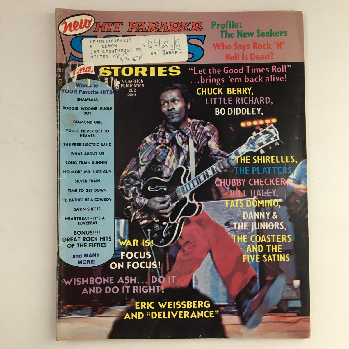 Cover of Hit Parader Songs & Stories, October 1973 showcasing Chuck Berry with a guitar, featuring iconic artists like Little Richard and Bo Diddley, along with vibrant color text highlighting musical themes.
