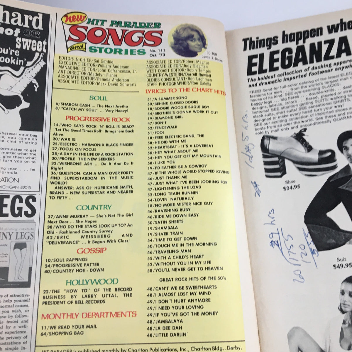 Inside page of the Hit Parader Songs & Stories October 1973 magazine featuring listings of songs and artists, including Sharon Cash and Chuck Berry.