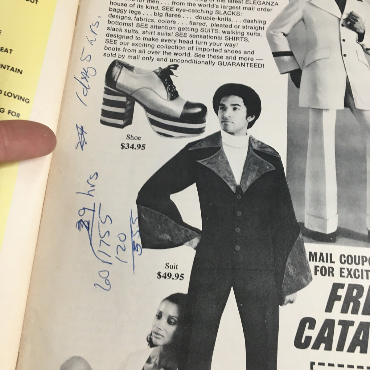 Fashion advertisement from the Hit Parader Songs & Stories October 1973 magazine showcasing stylish shoes and suits with prices.