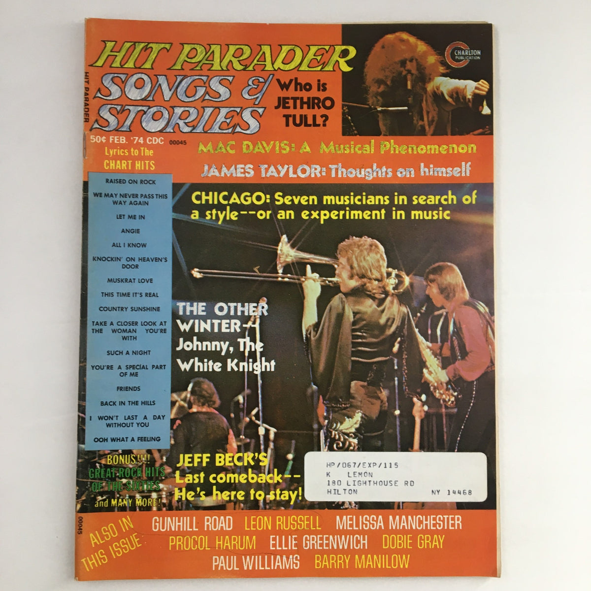 Cover of Hit Parader Songs & Stories February 1974 featuring Mac Davis, James Taylor, and Bobby Lamm with colorful graphics and article highlights about 1970s music.