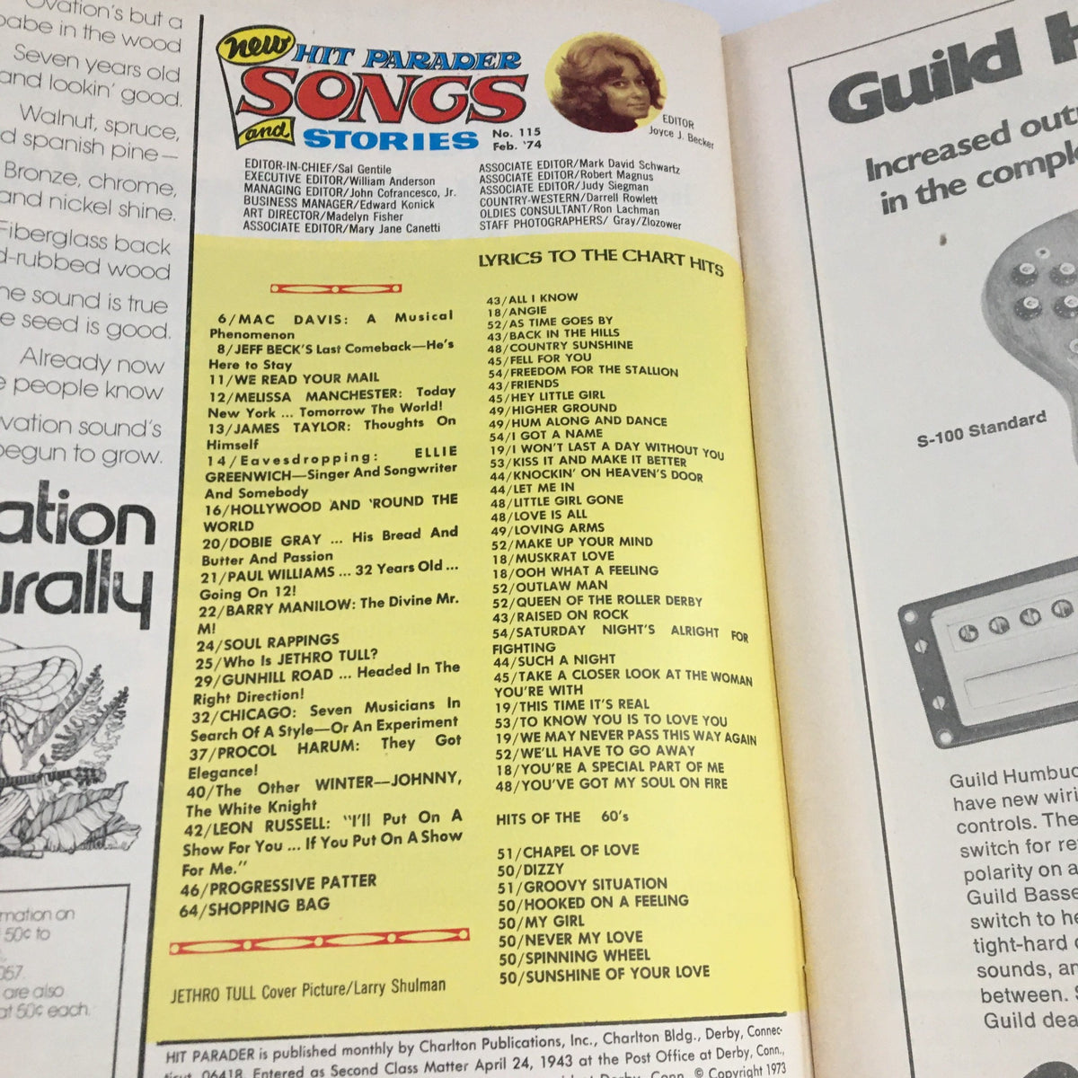 Opening page of Hit Parader Songs & Stories, February 1974 issue featuring Mac Davis, James Taylor, and Bobby Lamm with a list of songs and articles from the magazine's vibrant era in music.